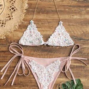 Rose lace bikini with chain top and stringy bottoms